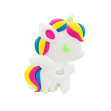 A unicorn-shaped silicone teether with various colors, including pink, blue, green, and purple, designed to be used by infants.