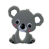 A silicone teether in the shape of a koala with a gray body and facial features, including large eyes and a small nose.