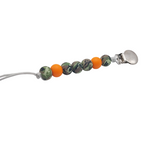 An orange camo pacifier clip with silicone beads and a stainless steel pacifier clip attachment.
