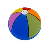 A colorful teether toy designed to resemble a beach ball, with red, blue, green, and yellow sections, and a white center.