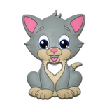 A gray silicone teether in the shape of a cartoon cat with pink inner ears and a heart motif.