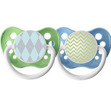 Two orthodontic pacifiers with one featuring a green argyle pattern and the other with a blue chevron pattern.