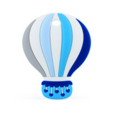 A silicone teether in the shape of a hot air balloon, featuring blue, gray and white colors with a basket at the bottom.