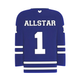 A silicone teether designed to resemble a blue and white sports jersey with the text 'ALLSTAR' and the number '1'.