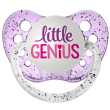 A purple orthodontic pacifier with 'Little Genius' engraved on the front.