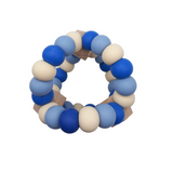 A triangular silicone teething toy with blue and white beads, designed for babies.