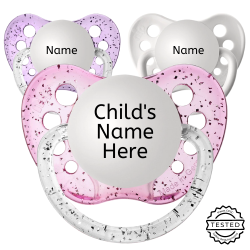 3 Personalized Pacifiers Girls Set #3 - 1 Glitter Pink, 1 Glitter Purple, 1 White