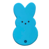 A silicone teether in the shape of a blue bunny with a simple design, featuring black eyes and a small hole at the bottom.