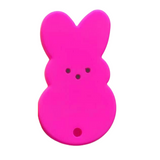 A silicone teether in the shape of a pink bunny with a simple design, featuring black eyes and a small hole at the bottom.