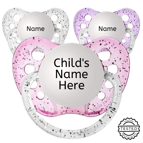 3 Personalized Pacifiers Girls Set #2 - 1 Glitter Pink, 1 Glitter Purple, 1 Glitter Clear
