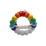 A teething toy in the shape of a triangle, featuring a series of colorful silicone beads in shades of red, orange, yellow, green, and blue, interspersed with wooden beads.