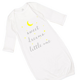 A white one-piece baby gown with 'Sweet Dreams Little One' text, moon and stars graphics, displayed against a plain background.